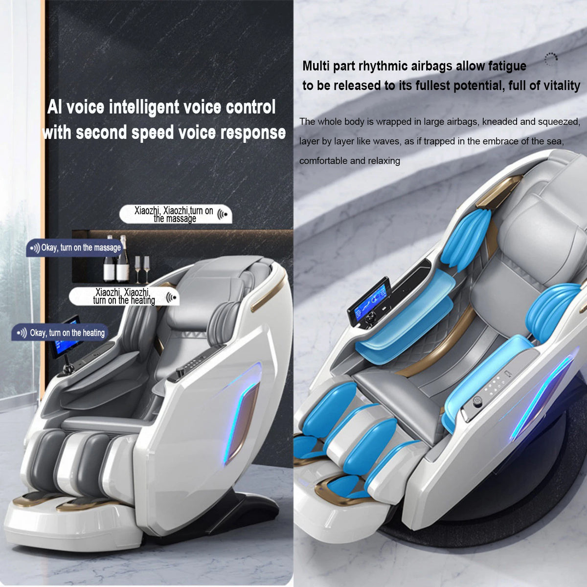 Ergonomischer Zero-Gravity-Massagesessel, Shiatsu-Technologie, Ganzkörper-Airbags, Fußrollen, Wadenkneten, Bluetooth, Wohnkomfort