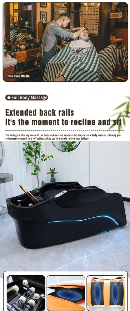 2025 Modernes Design, japanischer Kopf-Shampoo-Stuhl und Massageliege mit Waschbecken und Keramikspüle für Friseursalon