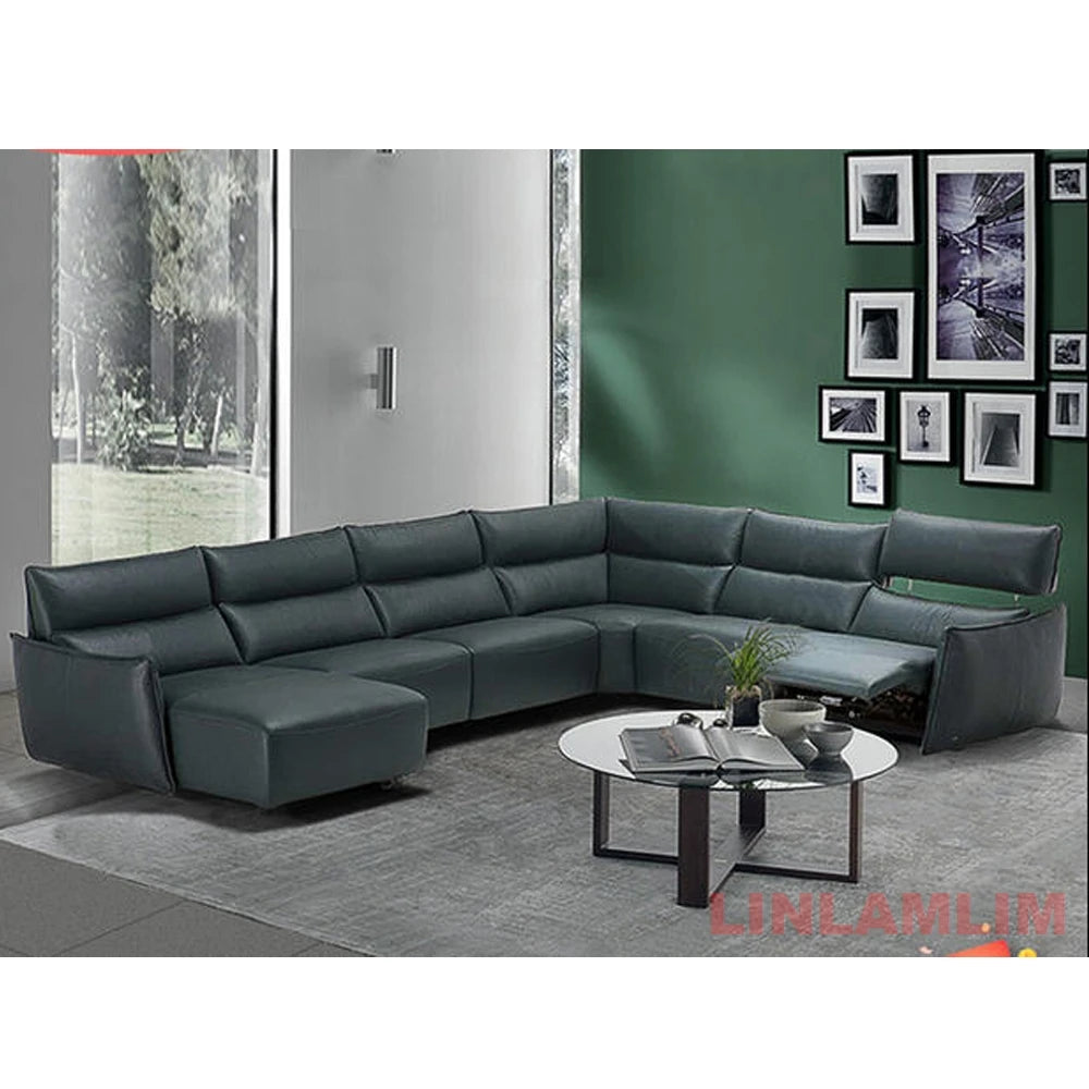 QY Ecksofa mit zwei Motoren, elektrischer Relaxfunktion, echtem Leder und verstellbaren Kopfstützen, L-förmige Eckcouch mit Chaiselongue