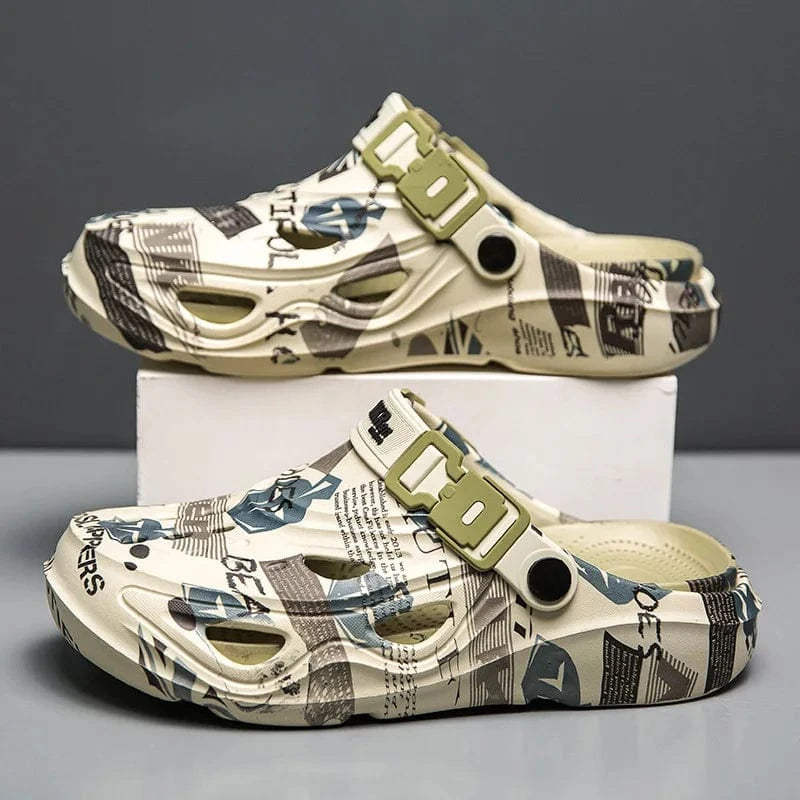 Men’s Sport Sandals – Lightweight EVA Slip-On Beach Slides with Buckle, Graffiti Design
