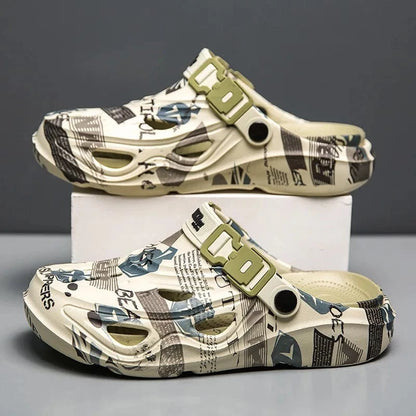 Men’s Sport Sandals – Lightweight EVA Slip-On Beach Slides with Buckle, Graffiti Design