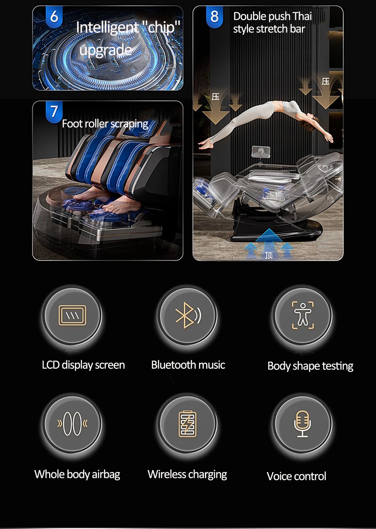 Luxuriöser elektrischer 4D-Massagesessel Zero Gravity SL-Track & Wärmetherapie Ganzkörper-Airbag Yoga Stretching Shiatsu-Liegesessel Massage