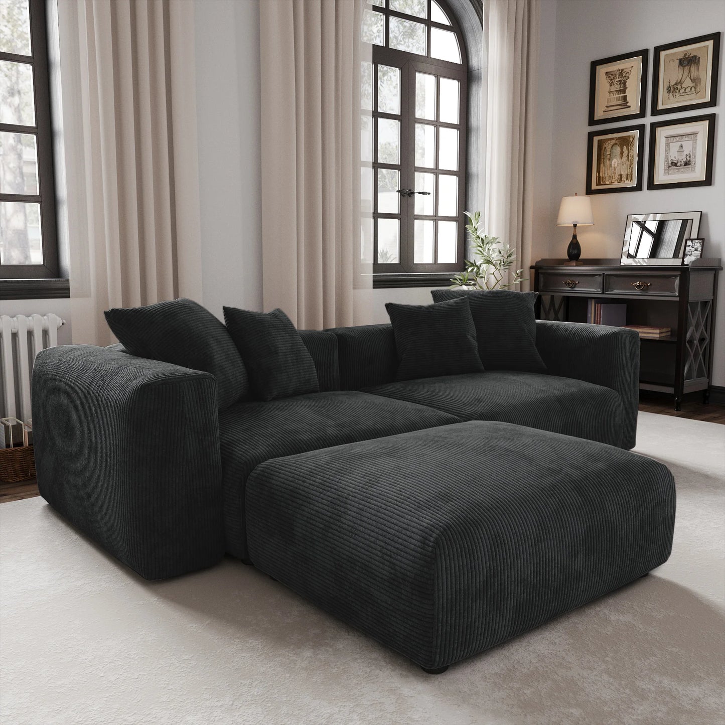Modernes Cord-Sofa mit 4 Kissen, 102" L-förmiges Sofa mit Chaiselongue und Ottoman, Hartholzrahmen-Sofa für das Wohnzimmer