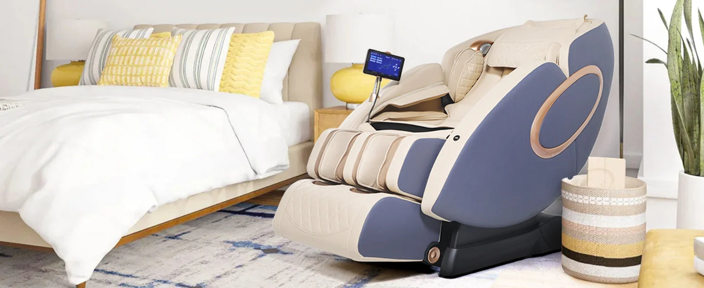 APP-Steuerung 4D-Massagesessel SL-Track Ganzkörper-Shiatsu-Massagesessel Zero Gravity mit Yoga-Stretching-Fußmassageroller