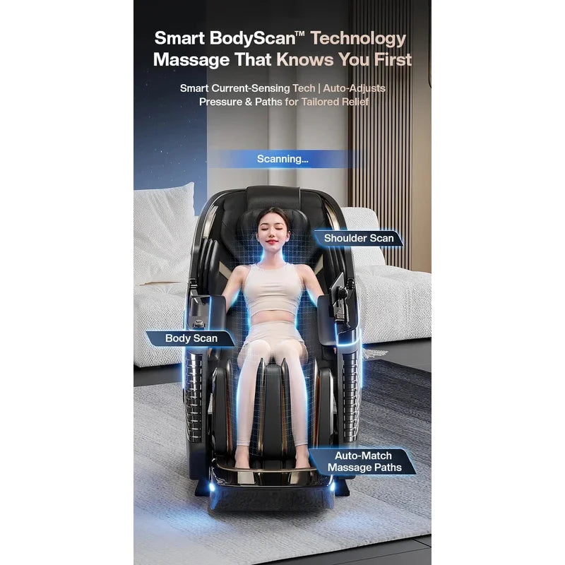4D+3D-Massagesessel Ganzkörper-Massagesessel mit Schwerelosigkeitsfunktion, SL-Track, Shiatsu-Massage, Bodyscan, Fußrollen, Dehnfunktion, Heizfunktion