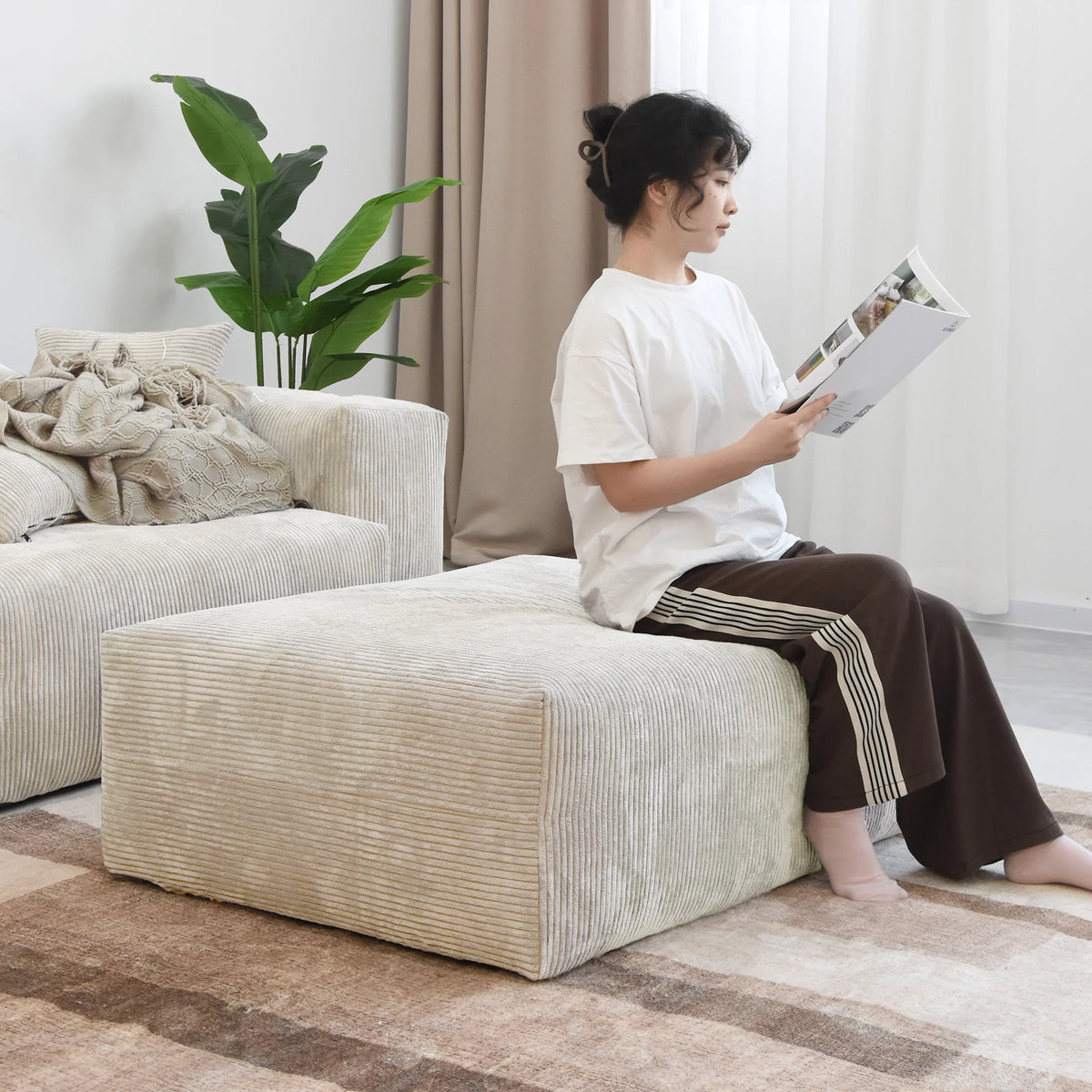Sdorens 141.73'' L Shape Sectional Sofa Corduroy Fabric Couches Oversized 3 Seater Couch with 1 Ottomans for Living Room Set