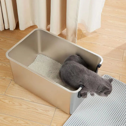 Bac à litière extra large en acier inoxydable, anti-fuite, côtés hauts de 12 pouces pour la rétention d'urine et de litière, idéal pour chatons et chats âgés
