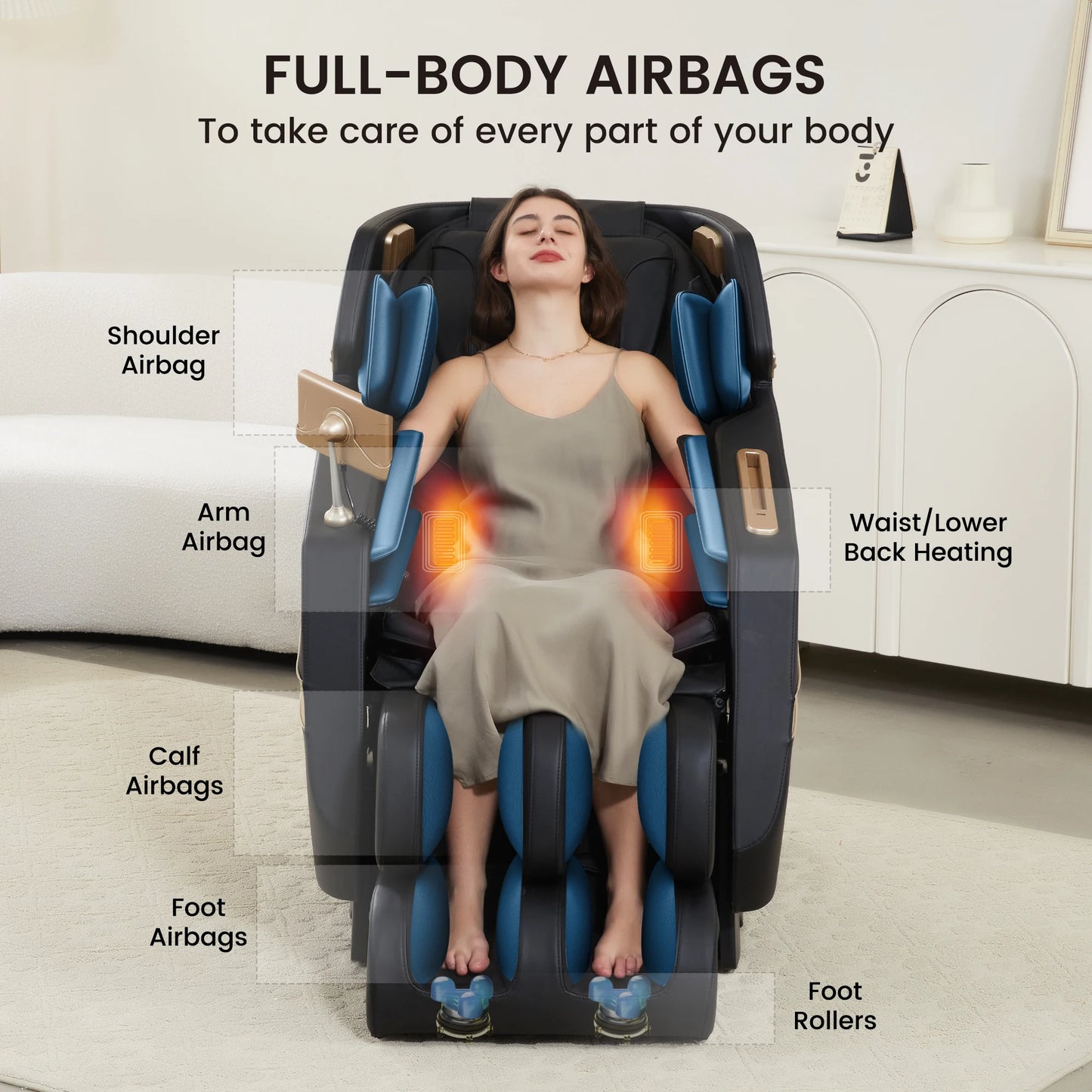 F12 Moderner Kunstleder-Relax-Sessel mit elektrischer Liegefunktion, Heizung, Massagefunktion und Musikwiedergabe, Ganzkörper für Wohnzimmer Sofa, Schwerelosigkeit