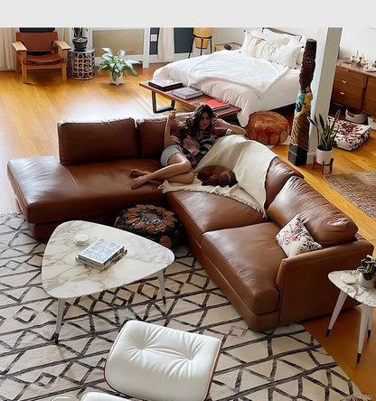 Ledersofa, antikes, milchbraunes, erstklassiges Rindsleder, L-förmiges Chaiselongue für das Wohnzimmer, amerikanisches Retro-Ledersofa