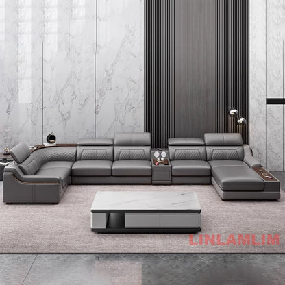 Modernes U-förmiges Ecksofa-Set mit Chaiselongue, echtes Leder Sofa mit Ablagetisch, USB – Große Wohnzimmermöbel