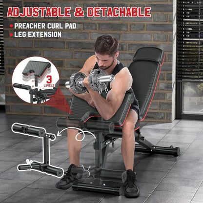 Workout Bench, Adjustable Weight Bench with Leg Extension and Leg Curl, Extended Headrest, 900LBS Preacher Curl Bench Incline De