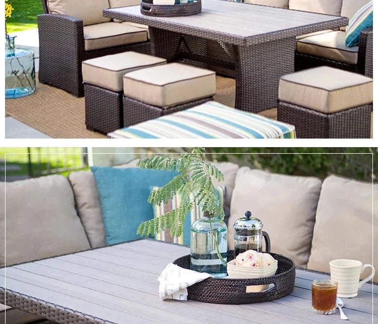 Nordisches Rattan-Sofa-Set – Outdoor-Ecksofas mit Couchtisch für Hof, Balkon, Terrasse und Garten
