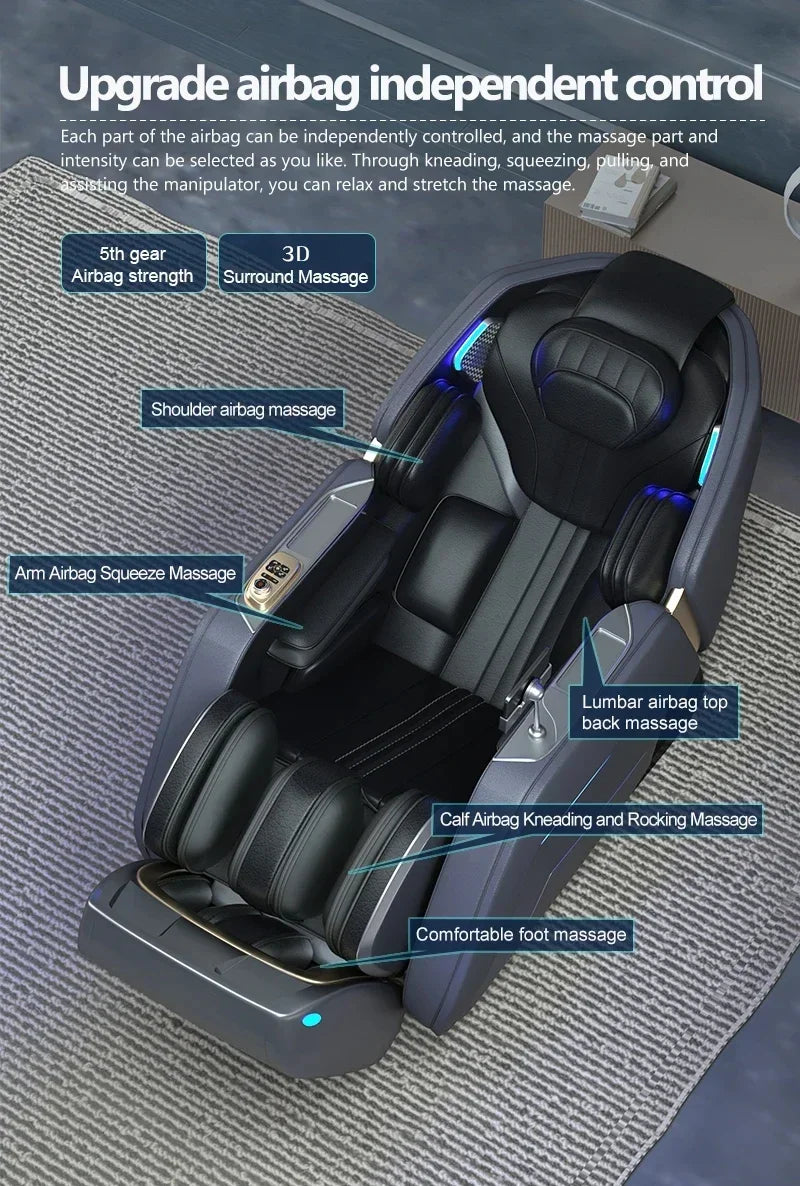 2025 4D Zero Gravity Ganzkörper-Massagesessel Sprachsteuerung Beheizte Rückenlehne Bluetooth-Lautsprecher Airbag-Technologie zur Entspannung