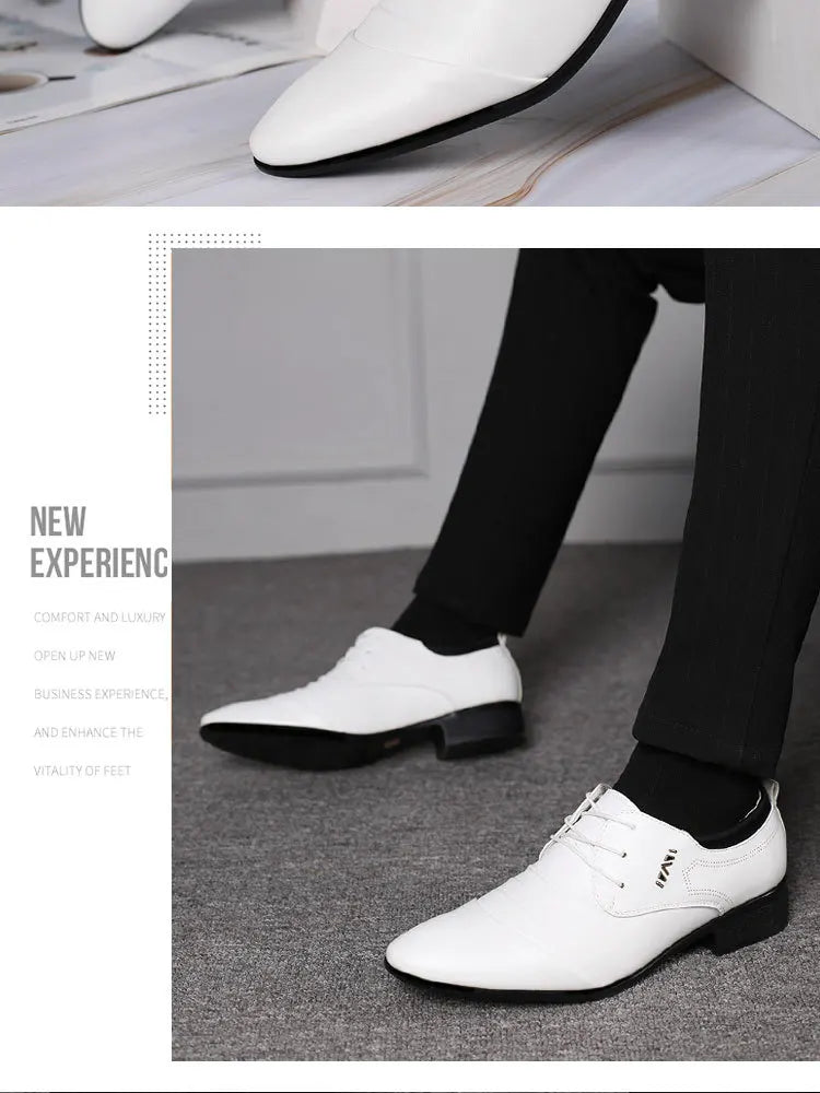 Classic Men’s Dress Shoes – White Leather Lace-Up Oxfords (Plus Sizes)