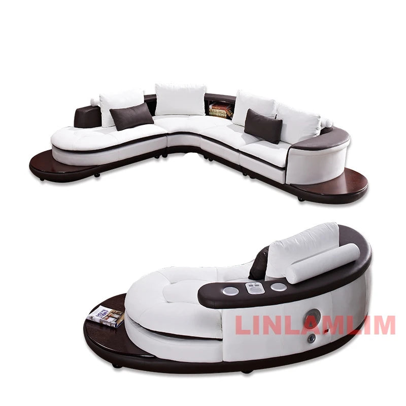 Modernes Luxus-Sofa-Set aus echtem Leder mit Lautsprecher und USB, U-förmiges Wohnzimmersofa mit Ablageregalen