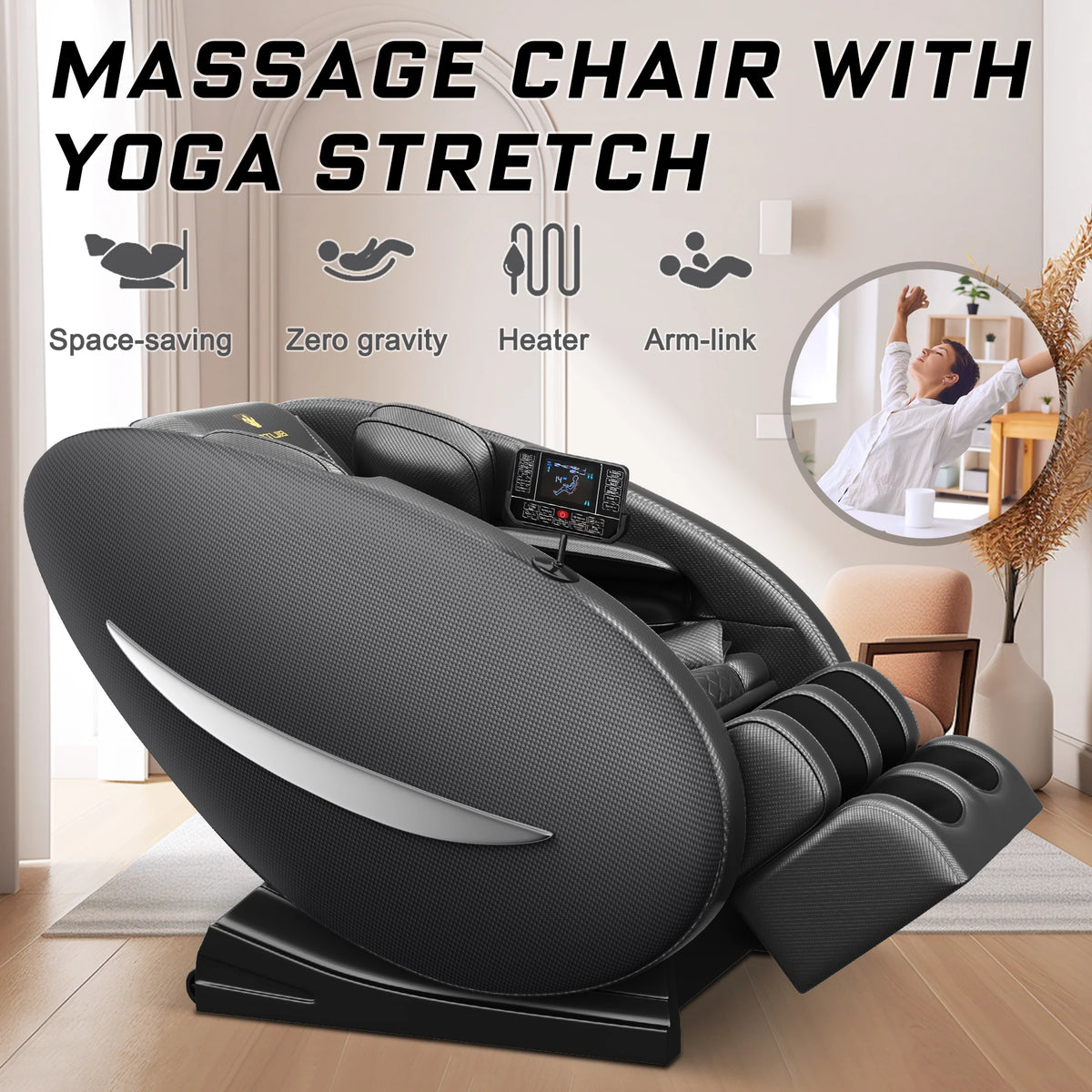 Massagesessel mit Zero-Gravity-Funktion, Ganzkörper-Massagesessel mit Heizung, Bluetooth-Lautsprecher, Airbags, Fußroller