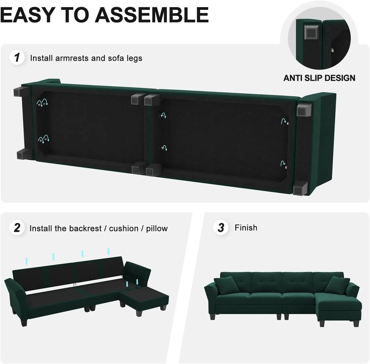 L-förmiges Sofa 4-Sitzer Sofa mit Récamiere L-förmige Sofas Umwandelbares Sektionssofa (Dunkelgrün, L-förmiges Sofa)