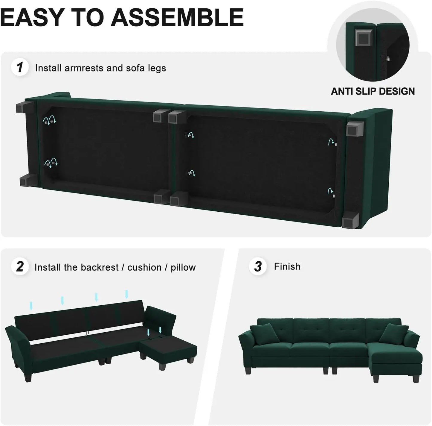 L-förmiges Sofa 4-Sitzer Sofa mit Récamiere L-förmige Sofas Umwandelbares Sektionssofa (Dunkelgrün, L-förmiges Sofa)