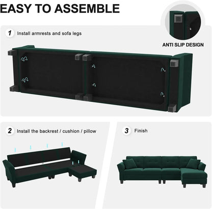 L-förmiges Sofa 4-Sitzer Sofa mit Récamiere L-förmige Sofas Umwandelbares Sektionssofa (Dunkelgrün, L-förmiges Sofa)