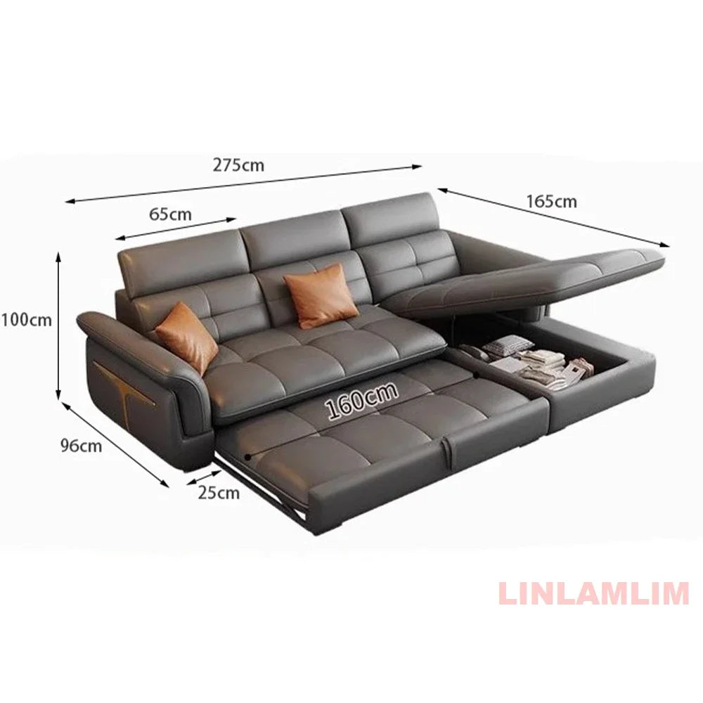 Modernes elektrisches Schlafsofa mit verstellbarer Rückenlehne, L-förmiges, multifunktionales italienisches Echtleder-Sofa