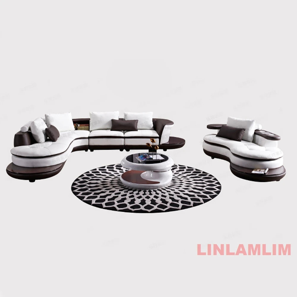 Modernes Luxus-Sofa-Set aus echtem Leder mit Lautsprecher und USB, U-förmiges Wohnzimmersofa mit Ablageregalen