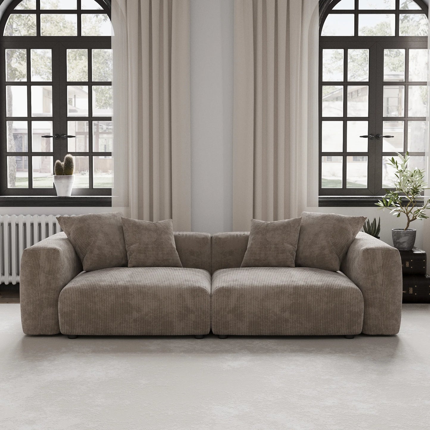 Modernes Cord-Sofa mit 4 Kissen, 102" L-förmiges Sofa mit Chaiselongue und Ottoman, Hartholzrahmen-Sofa für das Wohnzimmer