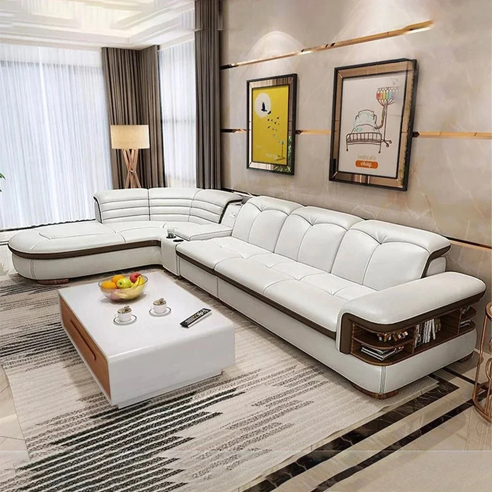 Luxuriöse L-förmige Sektionssofas aus echtem Leder mit USB- und Bluetooth-Lautsprecher – MINGDIBAO Wohnzimmer Italienische Ledersofas