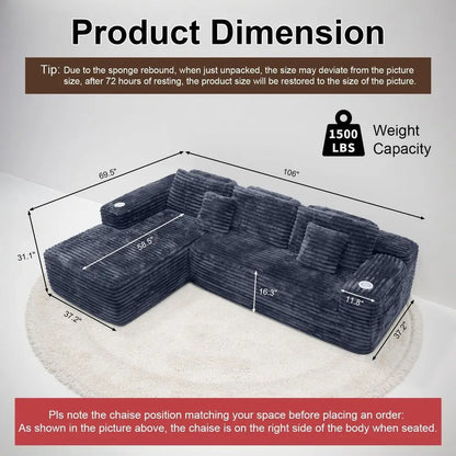 Cloud-Ecksofa mit L-förmiger Chaiselongue, modernes modulares Sofa mit tiefer Sitzfläche, integriertem Getränkehalter und Aufbewahrungstasche für das Wohnzimmer
