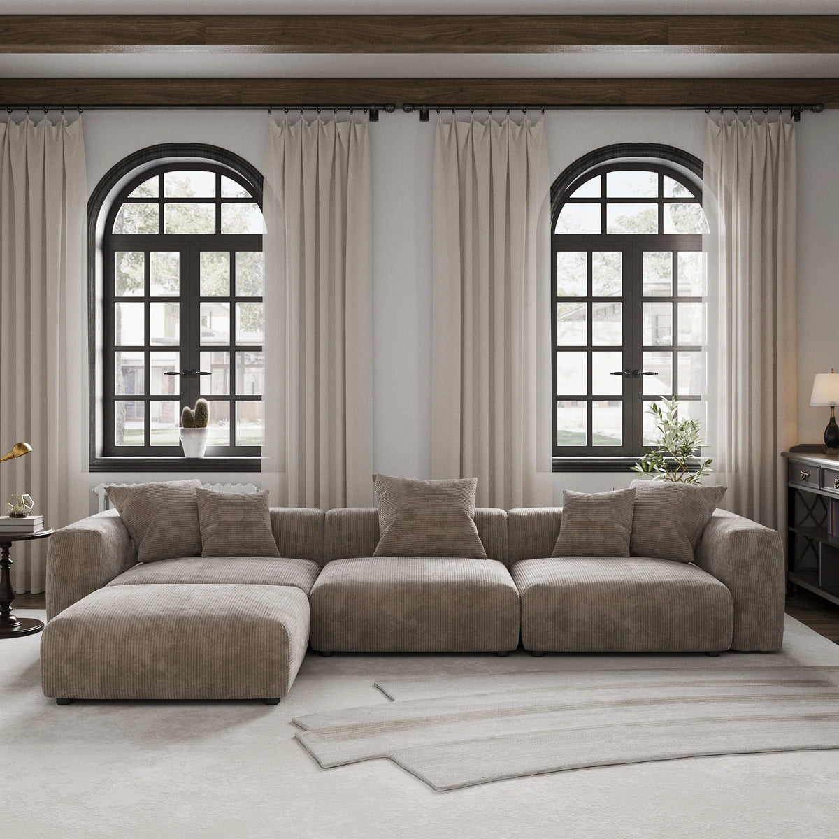 Sdorens 141.73'' L Shape Sectional Sofa Corduroy Fabric Couches Oversized 3 Seater Couch with 1 Ottomans for Living Room Set