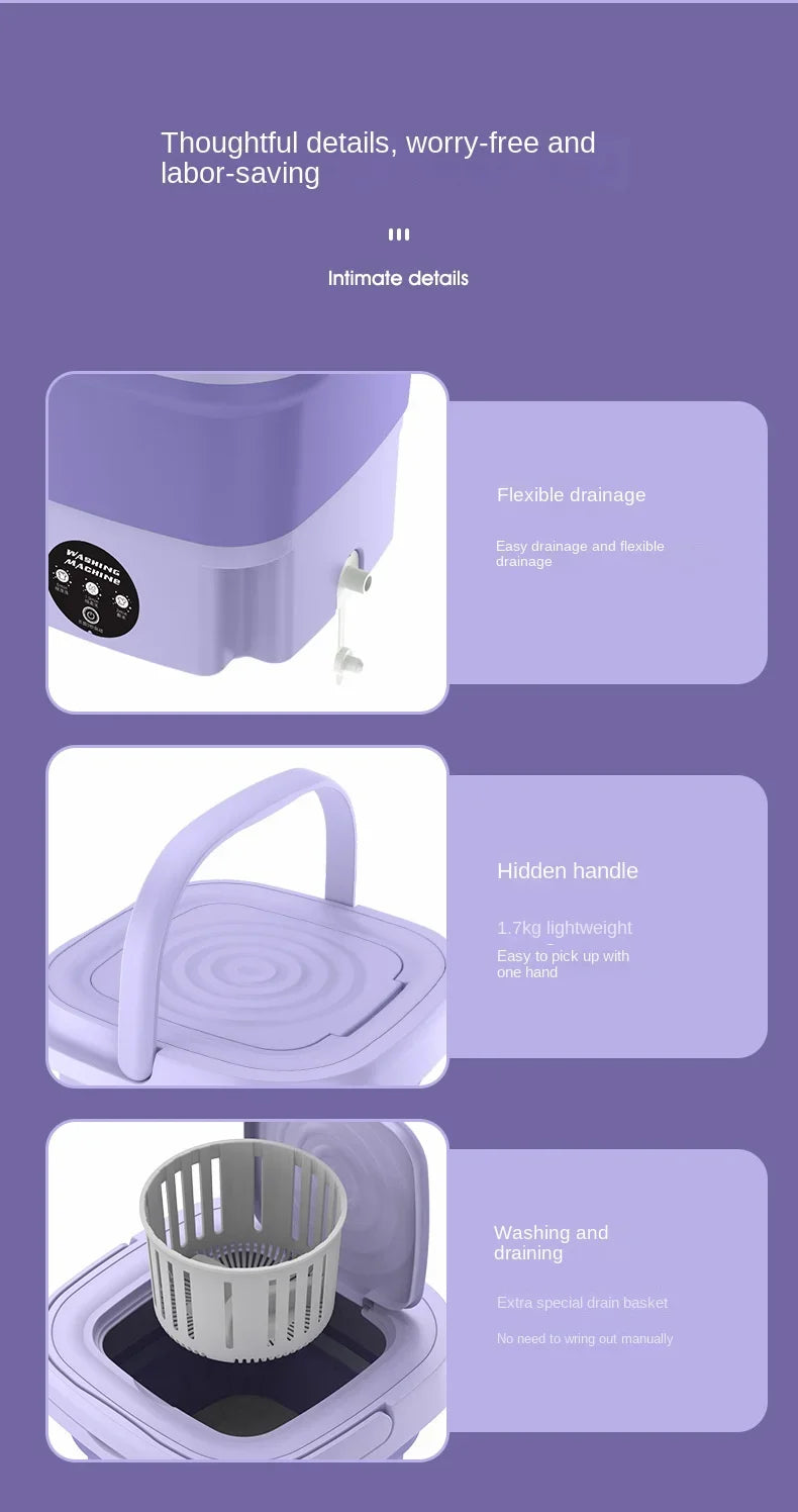Mini faltbare Waschmaschine Tragbar für Babys und Kinder, Socken, Unterwäsche 8L, kleine automatische Modi, Wäschesack