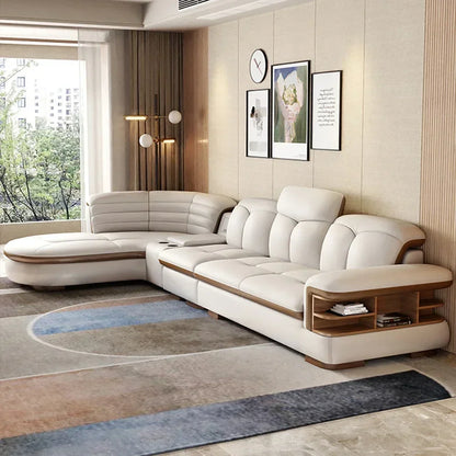 Luxuriöse L-förmige Sektionssofas aus echtem Leder mit USB- und Bluetooth-Lautsprecher – MINGDIBAO Wohnzimmer Italienische Ledersofas