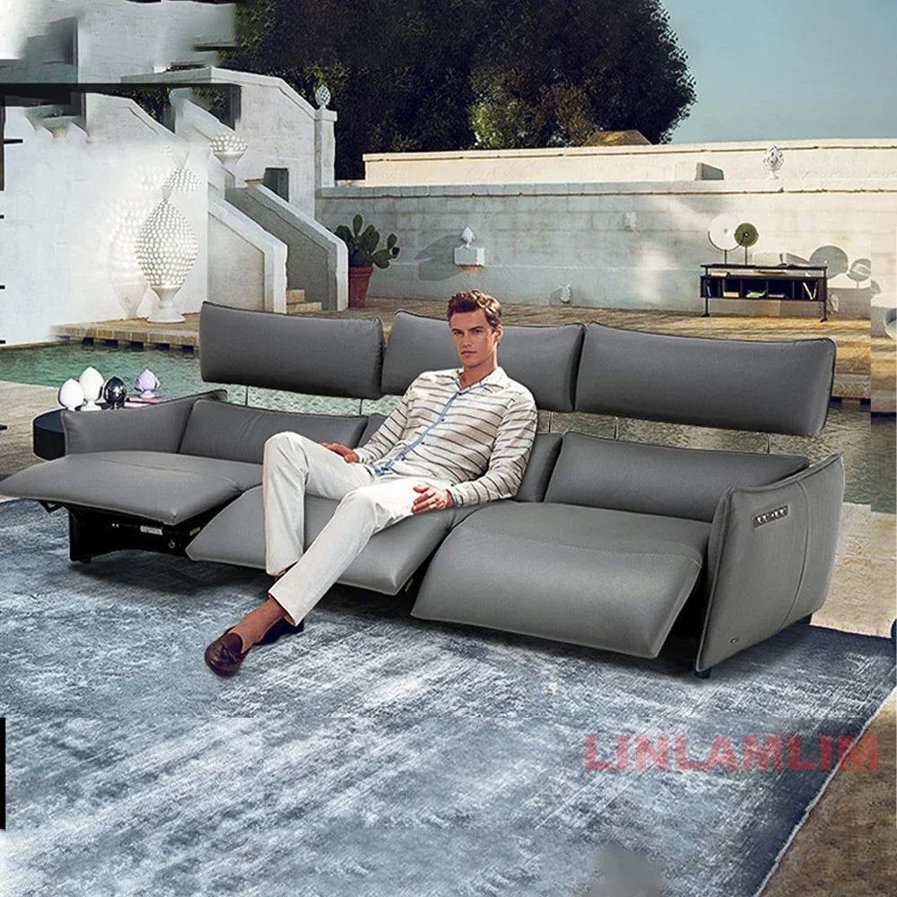 QY Ecksofa mit zwei Motoren, elektrischer Relaxfunktion, echtem Leder und verstellbaren Kopfstützen, L-förmige Eckcouch mit Chaiselongue