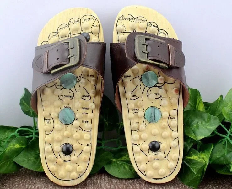 Health care Wooden base acupunture foot massage slippers natural stone acupoint massage slippers