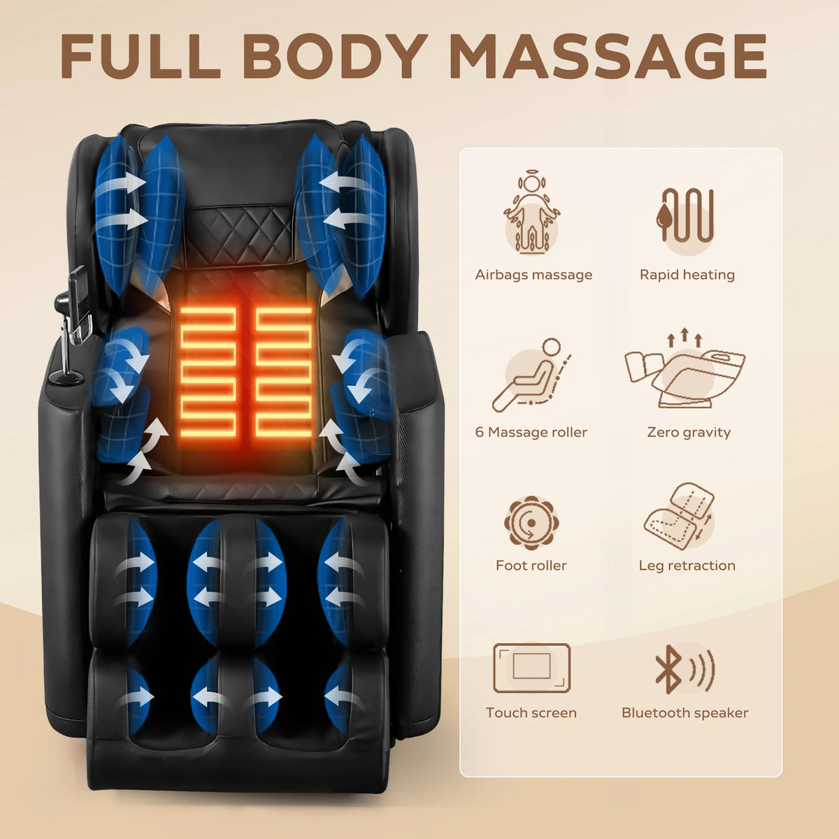 Massagesessel mit Zero-Gravity-Funktion, Massagesessel mit Heizung, Airbags, Fußrollen, Bluetooth-Lautsprecher