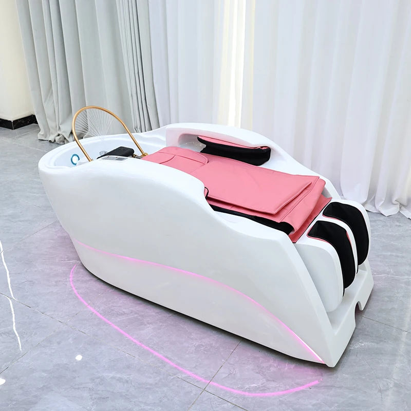 Modern Beauty Salon Furniture pink Light Salon Shampoo Chair Bed Luxury Electric Massage Washing Chair with Water Circulation