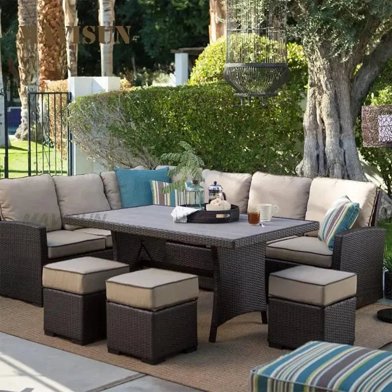 Nordisches Rattan-Sofa-Set – Outdoor-Ecksofas mit Couchtisch für Hof, Balkon, Terrasse und Garten