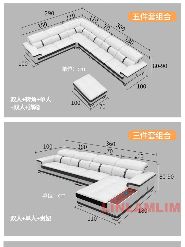 Modern U-Shaped Sectional Sofa with Chaise, White Genuine Leather Couch with Cup Holders, USB – Large Living Room Furniture Set