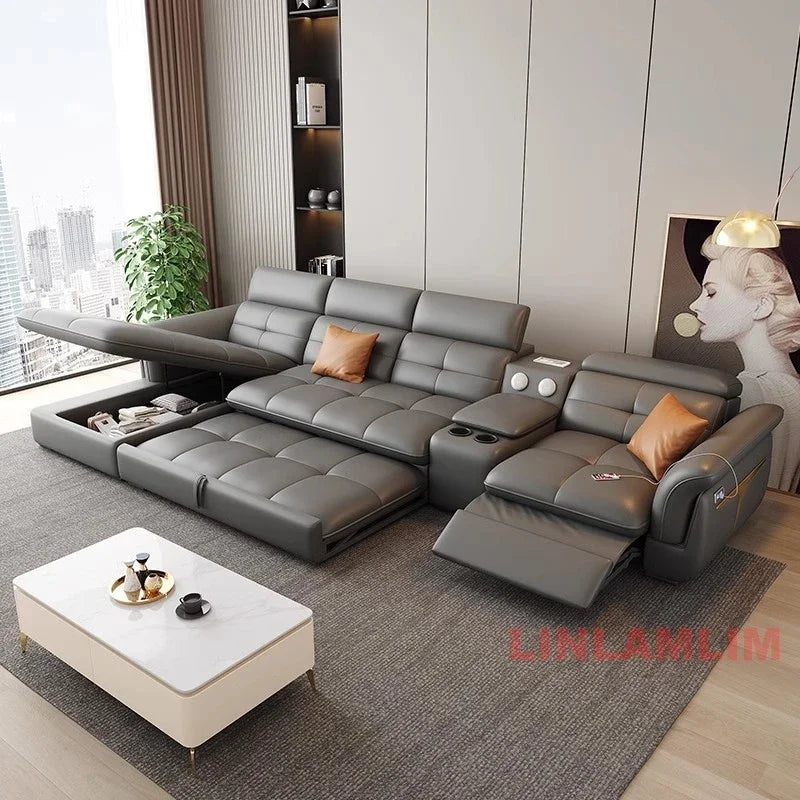 Modernes elektrisches Schlafsofa mit verstellbarer Rückenlehne, L-förmiges, multifunktionales italienisches Echtleder-Sofa