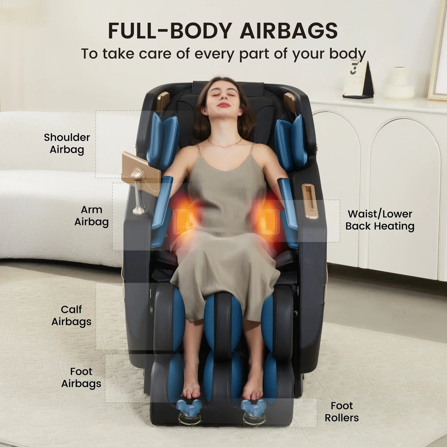 F12 Moderner Kunstleder-Relax-Sessel mit elektrischer Liegefunktion, Heizung, Massagefunktion und Musikwiedergabe, Ganzkörper für Wohnzimmer Sofa, Schwerelosigkeit