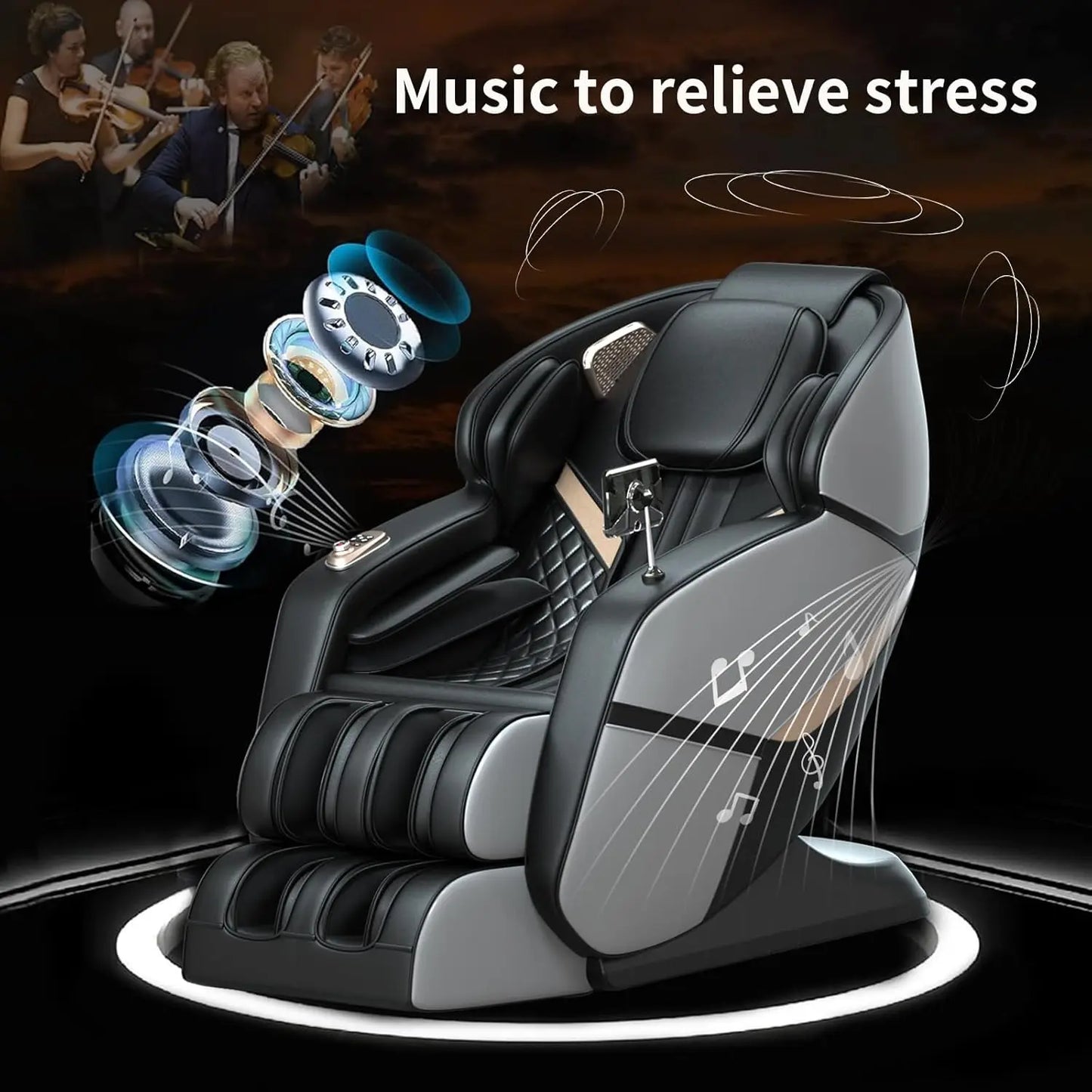 Massagesessel Ganzkörper Zero-Gravity Sessel Gerade Schiene Knet- und Klopfmassage Tragbarer Sessel Bluetooth Airbags Fußrollen Grau
