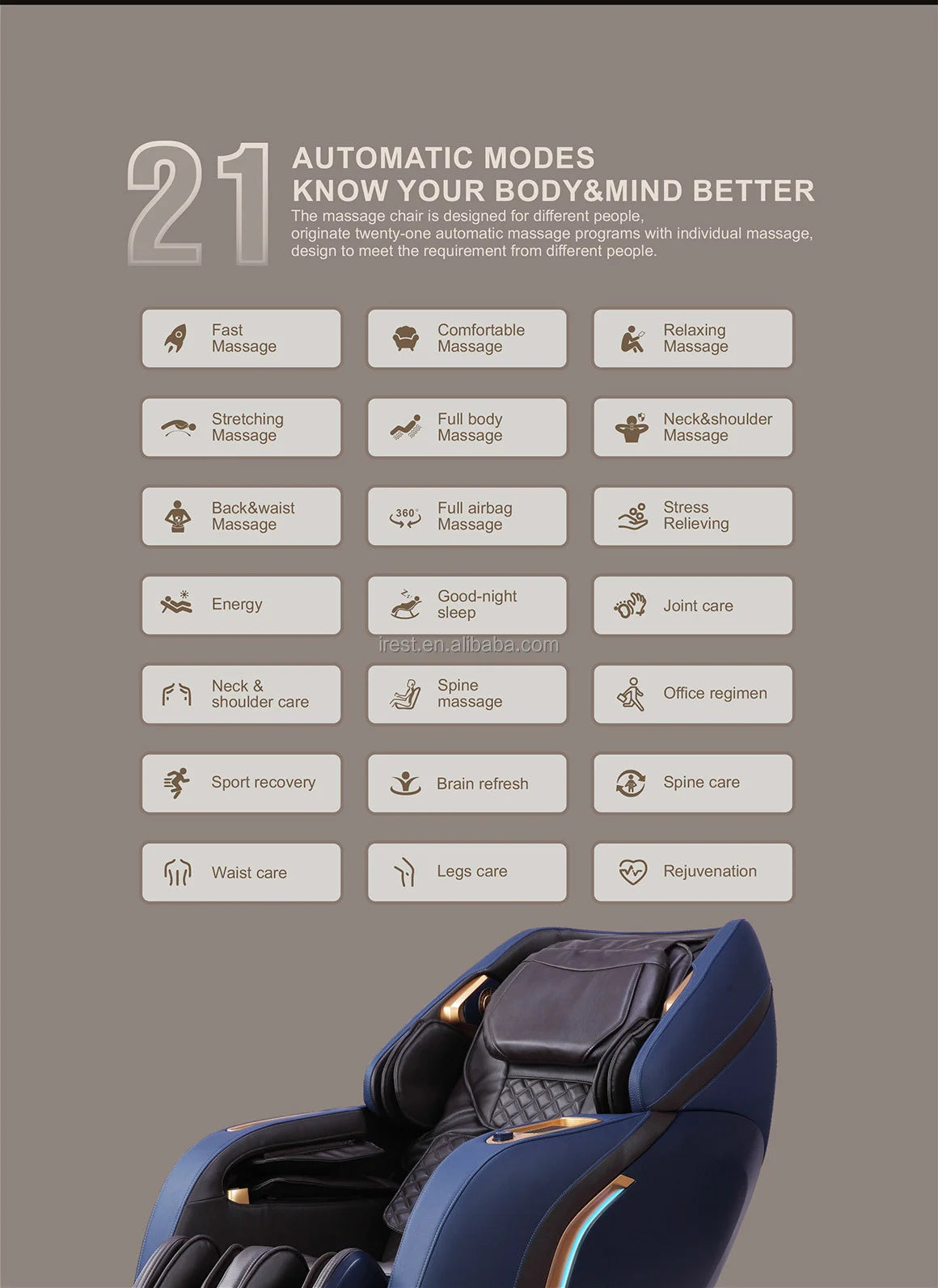 Irest 2023 4D-Massagesessel Liege Luxuriöser, komfortabler 4D-Massagesessel mit Schwerelosigkeitsfunktion und Zeitsteuerung