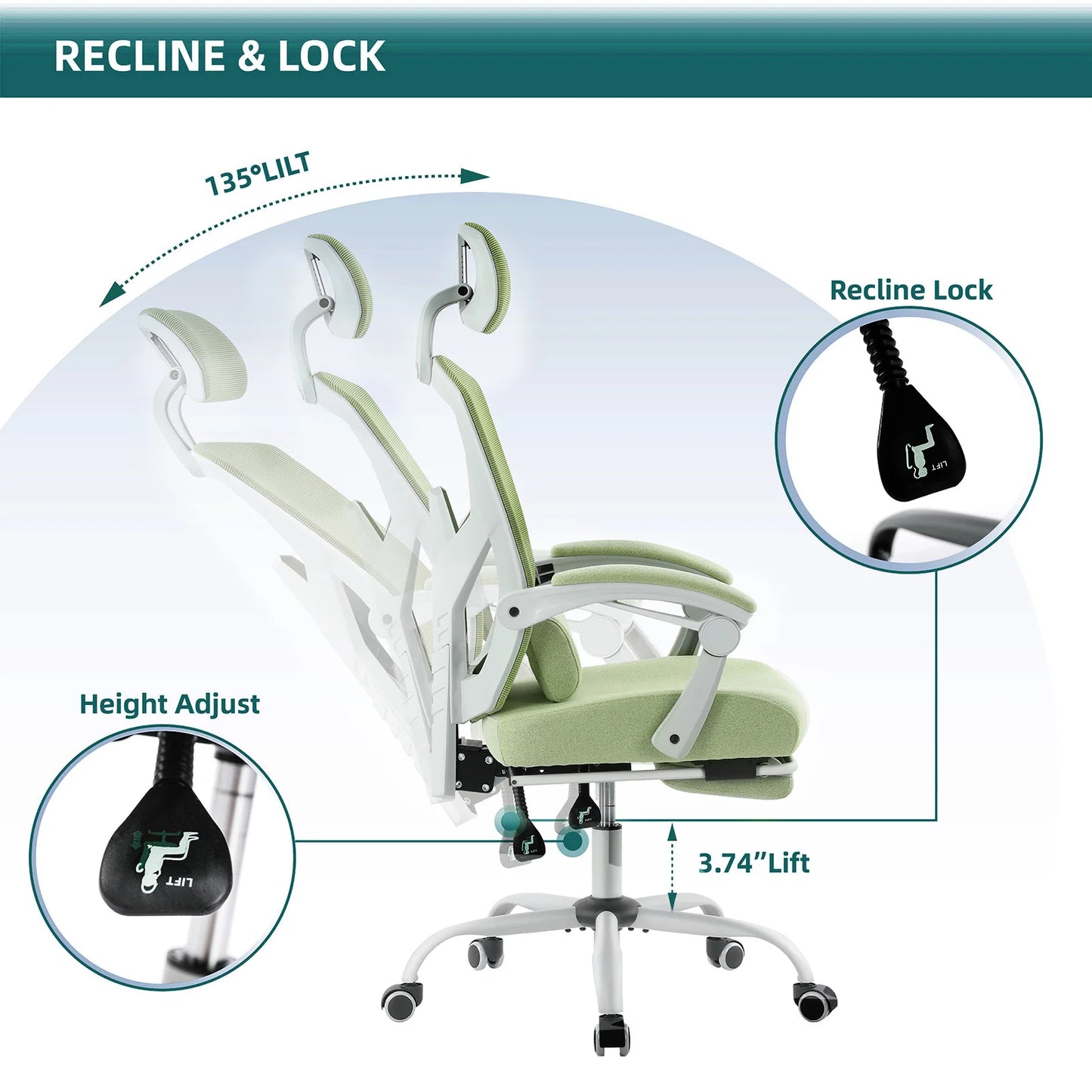 JHK Ergonomischer Liege-Gaming-Stuhl mit hoher Rückenlehne aus Mesh, Wohnzimmer-Schaukelstuhl, Bürostuhl, Drehstuhl, Rollstuhl, Lendenstützkissen