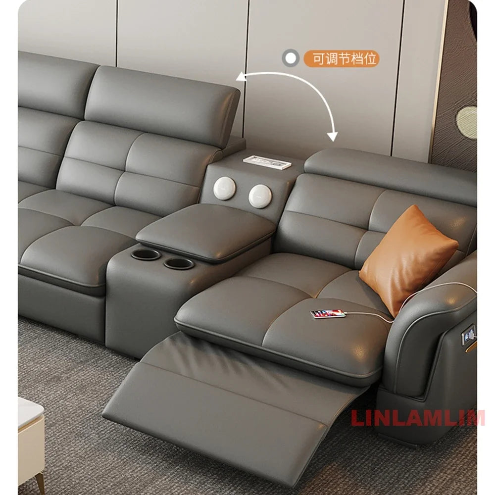 Modernes elektrisches Schlafsofa mit verstellbarer Rückenlehne, L-förmiges, multifunktionales italienisches Echtleder-Sofa