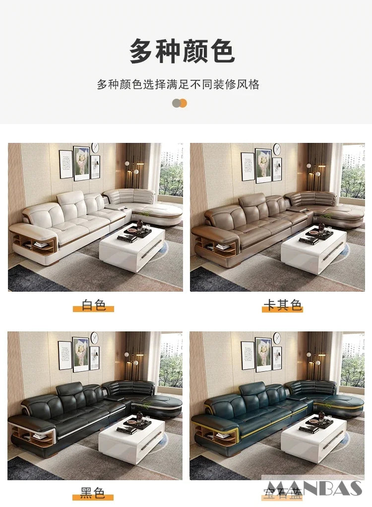 Luxury L-Shaped Genuine Leather Sectional Sofa Sets with USB, Bluetooth Speaker - MANBAS Living Room Italian Leather Couches