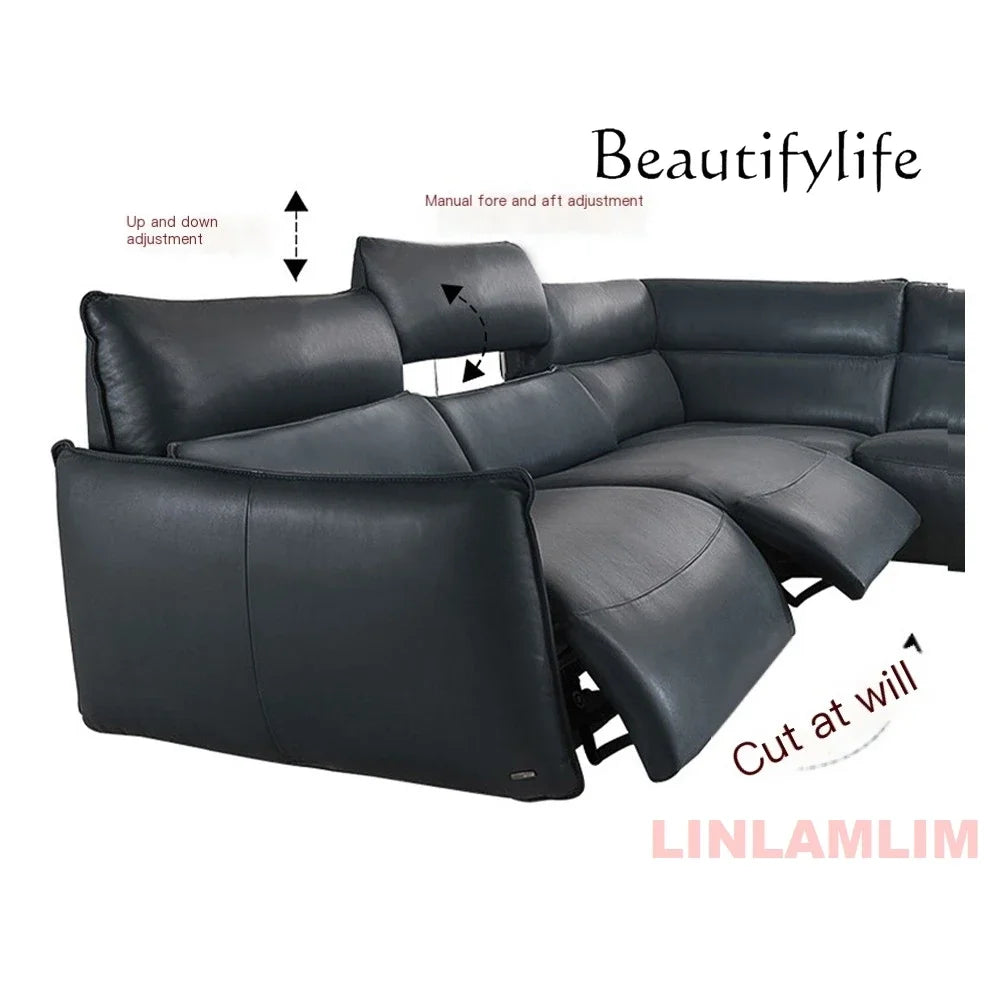 QY Ecksofa mit zwei Motoren, elektrischer Relaxfunktion, echtem Leder und verstellbaren Kopfstützen, L-förmige Eckcouch mit Chaiselongue