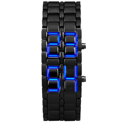Fashion Men’s Digital Lava Wrist Watch – Full Black Metal with Red/Blue LED Display | Creative Sports Clock, Stylish Gift for Men &amp; Boys