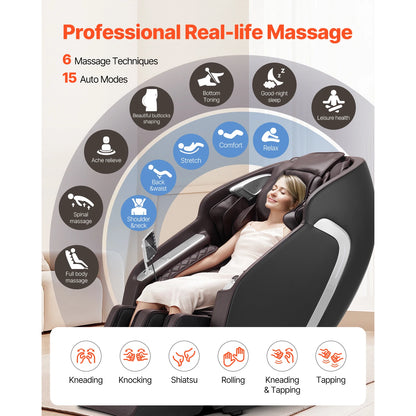SucceBuy Massagesessel 4D Ganzkörper-Schwerelosigkeitssessel mit SL-Schiene, Dehnungsfunktion, KI-Sprachsteuerung, Heizung, Fußrollen und einziehbarer Fußstütze