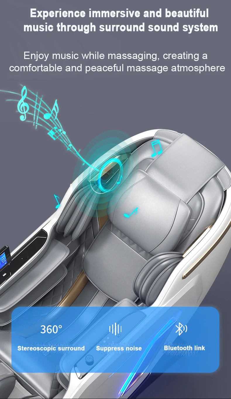 Ergonomischer Zero-Gravity-Massagesessel, Shiatsu-Technologie, Ganzkörper-Airbags, Fußrollen, Wadenkneten, Bluetooth, Wohnkomfort