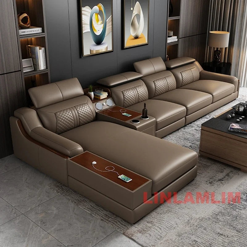 Modernes U-förmiges Ecksofa-Set mit Chaiselongue, echtes Leder Sofa mit Ablagetisch, USB – Große Wohnzimmermöbel