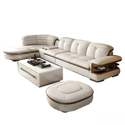Luxuriöse L-förmige Sektionssofas aus echtem Leder mit USB- und Bluetooth-Lautsprecher – MINGDIBAO Wohnzimmer Italienische Ledersofas